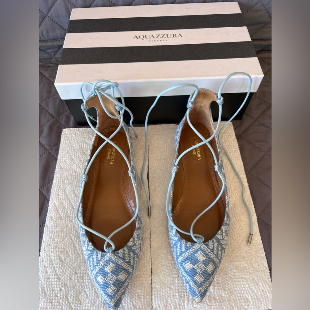 Aquazzura Denim pointy flats with metal heel detail